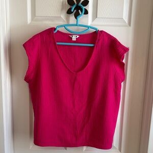 Three Dots Hot Pink Gauze Top V-neck Cap Sleeves Wash and wear EUC Size XL